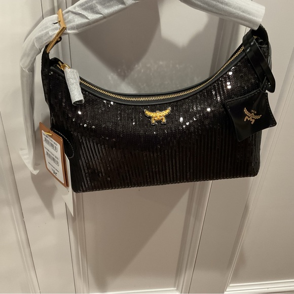 MCM Aren Hobo In Sequin Black Lamb Leather NWT - Picture 9 of 13